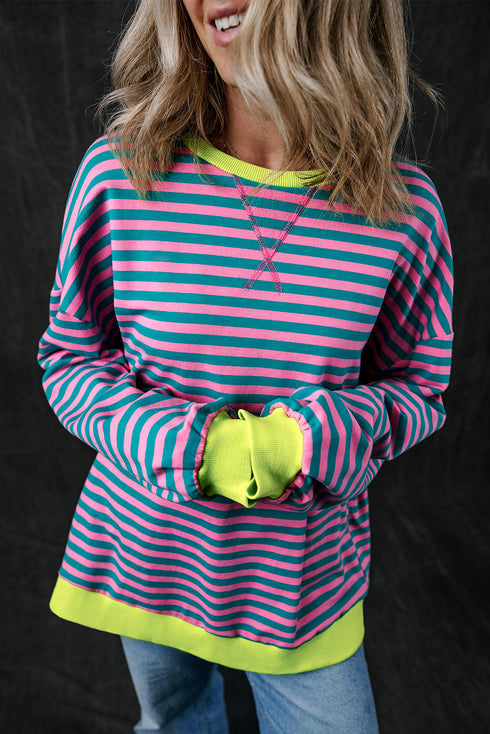 Striped Oversized Drop Shoulder Crew Neck Pullover Sweatshirt