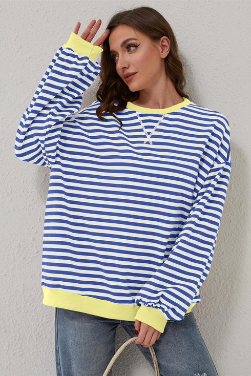 Striped Oversized Drop Shoulder Crew Neck Pullover Sweatshirt