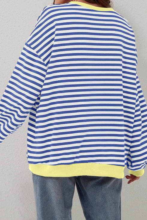 Striped Oversized Drop Shoulder Crew Neck Pullover Sweatshirt