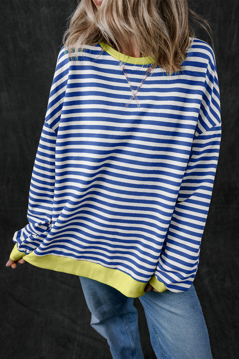 Striped Oversized Drop Shoulder Crew Neck Pullover Sweatshirt