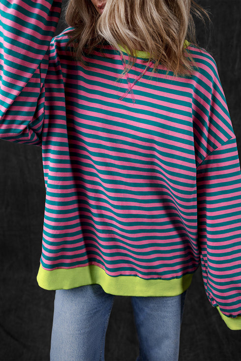 Striped Oversized Drop Shoulder Crew Neck Pullover Sweatshirt