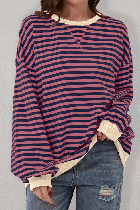 Striped Oversized Drop Shoulder Crew Neck Pullover Sweatshirt