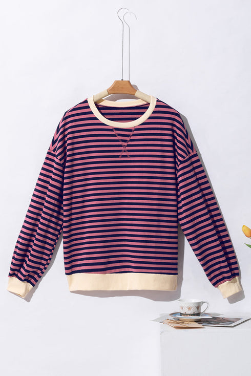 Striped Oversized Drop Shoulder Crew Neck Pullover Sweatshirt