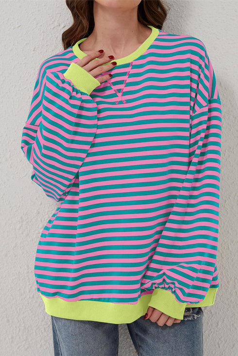 Striped Oversized Drop Shoulder Crew Neck Pullover Sweatshirt
