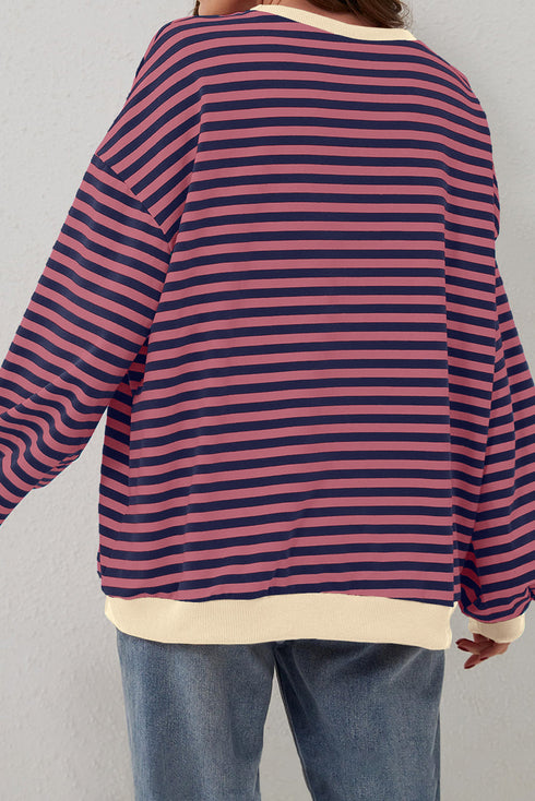 Striped Oversized Drop Shoulder Crew Neck Pullover Sweatshirt