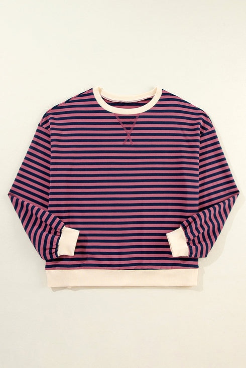 Striped Oversized Drop Shoulder Crew Neck Pullover Sweatshirt