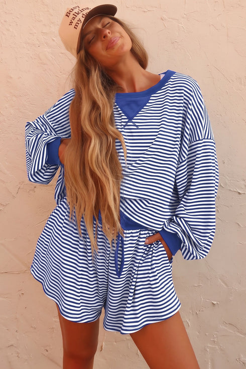 Striped Oversized Long Sleeve Top Drawstring Short Set