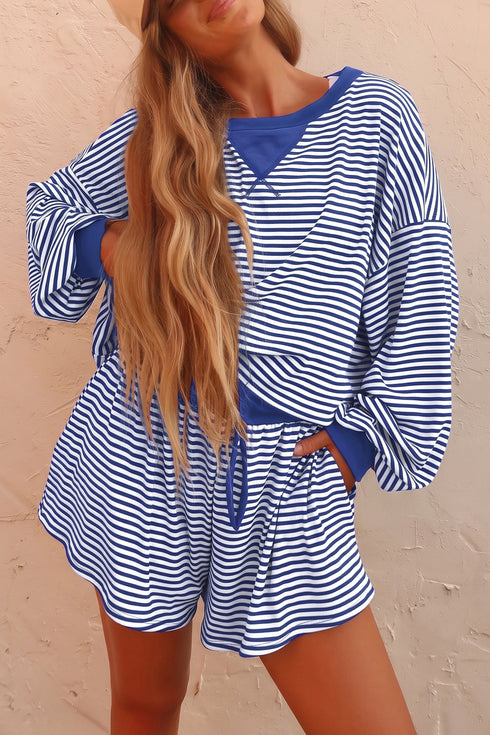 Striped Oversized Long Sleeve Top Drawstring Short Set