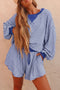 Striped Oversized Long Sleeve Top Drawstring Short Set