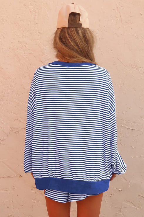 Striped Oversized Long Sleeve Top Drawstring Short Set