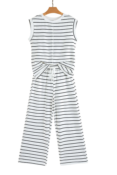 Striped Padded Shoulder Muscle Tee And Wide Leg Pants Lounge Set