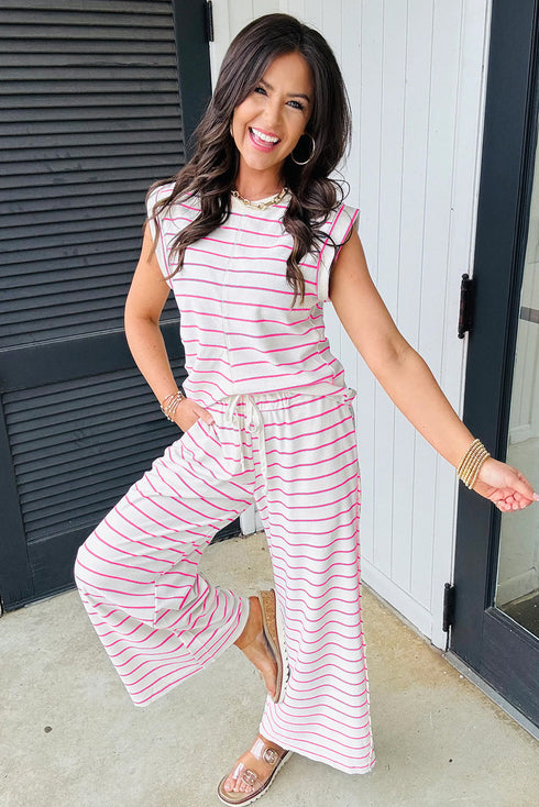 Striped Padded Shoulder Muscle Tee And Wide Leg Pants Lounge Set