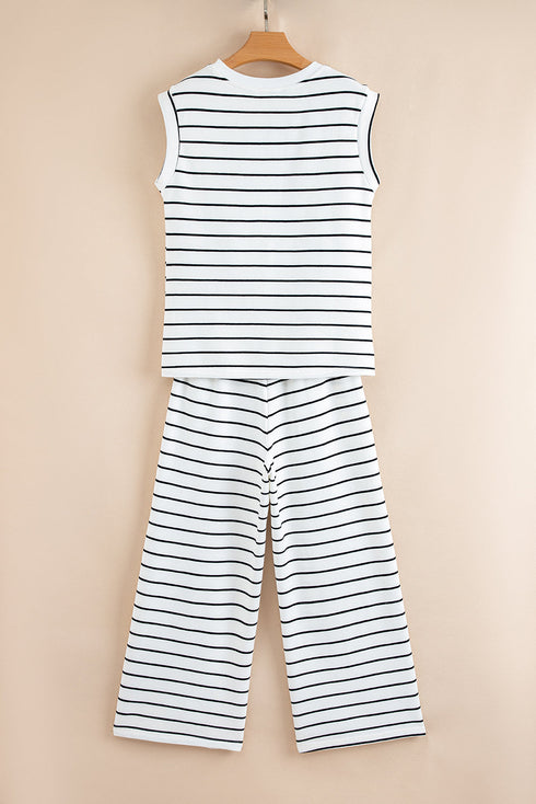 Striped Padded Shoulder Muscle Tee And Wide Leg Pants Lounge Set