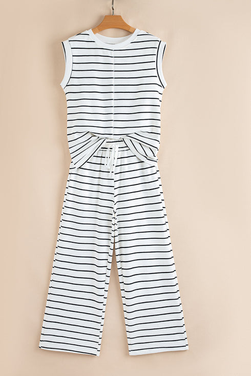 Striped Padded Shoulder Muscle Tee And Wide Leg Pants Lounge Set