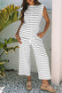 Striped Padded Shoulder Muscle Tee And Wide Leg Pants Lounge Set