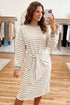 Striped Panel Cuff Round Neck Long Sleeve T Shirt Dress