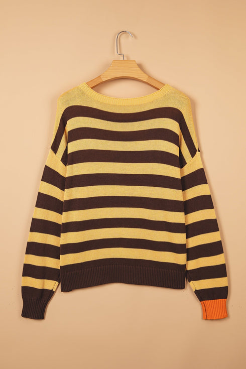 Striped Panel Drop Shoulder Relaxed Pullover Knit Sweater