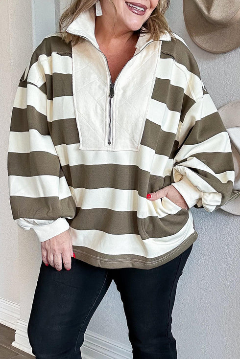 Striped Panel Half Zip Seamed Pullover Sweatshirt