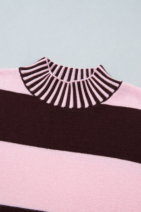 Striped Panel High Neck Drop Shoulder Relaxed Pullover Sweater