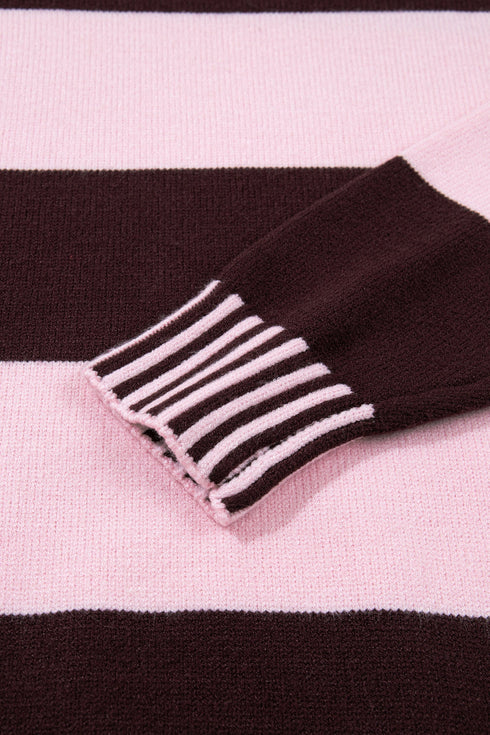 Striped Panel High Neck Drop Shoulder Relaxed Pullover Sweater