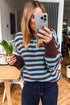 Striped Panel Loose Crew Neck Cuffed Knit Sweater