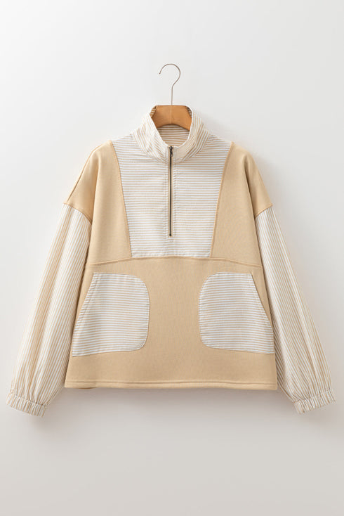 Striped Panel Pocket Detail Half Zip Pullover