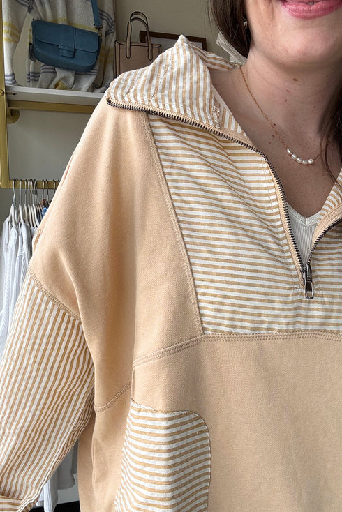 Striped Panel Pocket Detail Half Zip Pullover