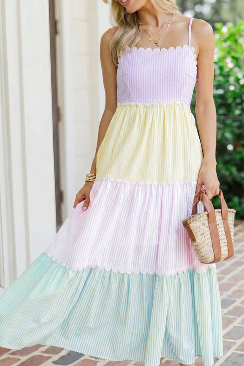 Striped Panel Scalloped Detail Adjustable Strap Maxi Dress