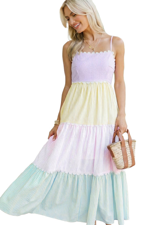 Striped Panel Scalloped Detail Adjustable Strap Maxi Dress