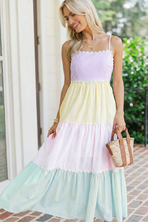 Striped Panel Scalloped Detail Adjustable Strap Maxi Dress