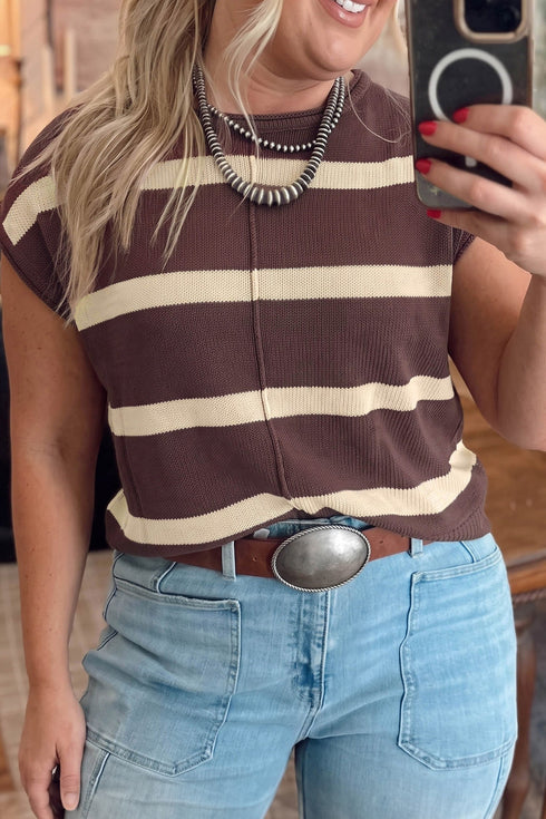 Striped Paneled Sleeveless Relaxed Cotton Rich Knit Pullover Sweater
