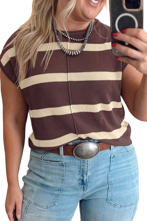Striped Paneled Sleeveless Relaxed Cotton Rich Knit Pullover Sweater