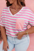 Striped Paneled V Neck Patch Pocket Tee