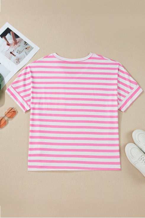 Striped Paneled V Neck Patch Pocket Tee