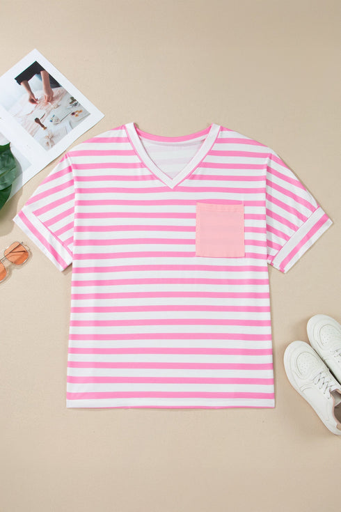 Striped Paneled V Neck Patch Pocket Tee