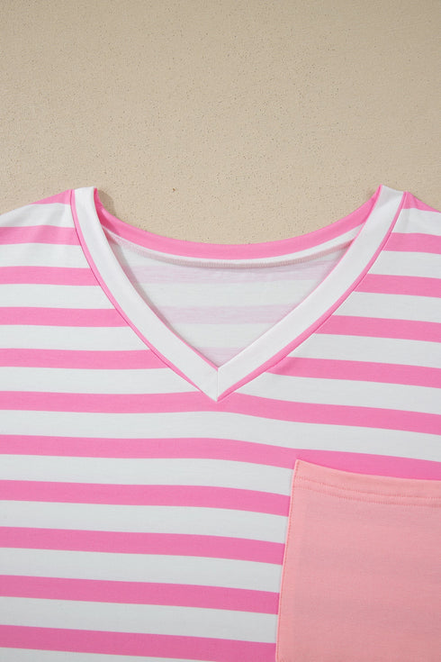 Striped Paneled V Neck Patch Pocket Tee