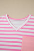 Striped Paneled V Neck Patch Pocket Tee