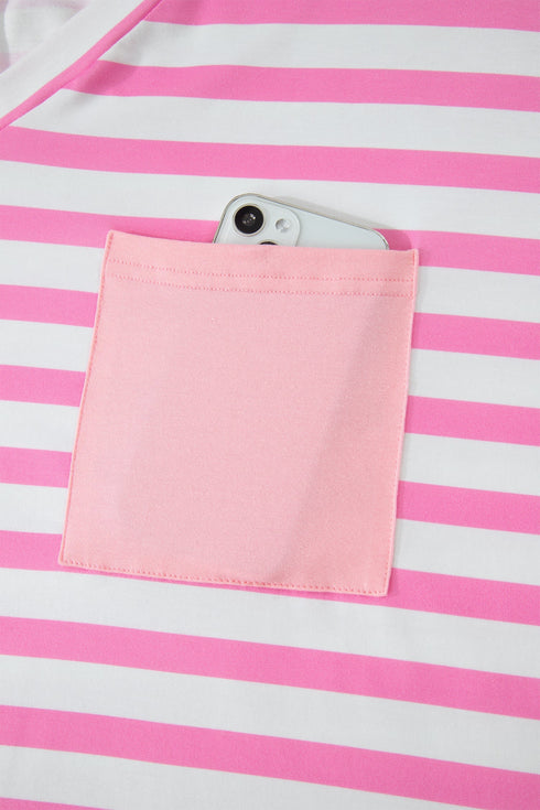 Striped Paneled V Neck Patch Pocket Tee