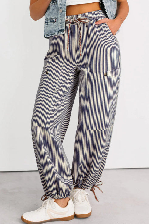 Striped Patch Pocket Drawstring Elastic Waist Loose Pants