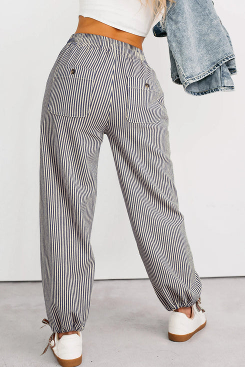 Striped Patch Pocket Drawstring Elastic Waist Loose Pants