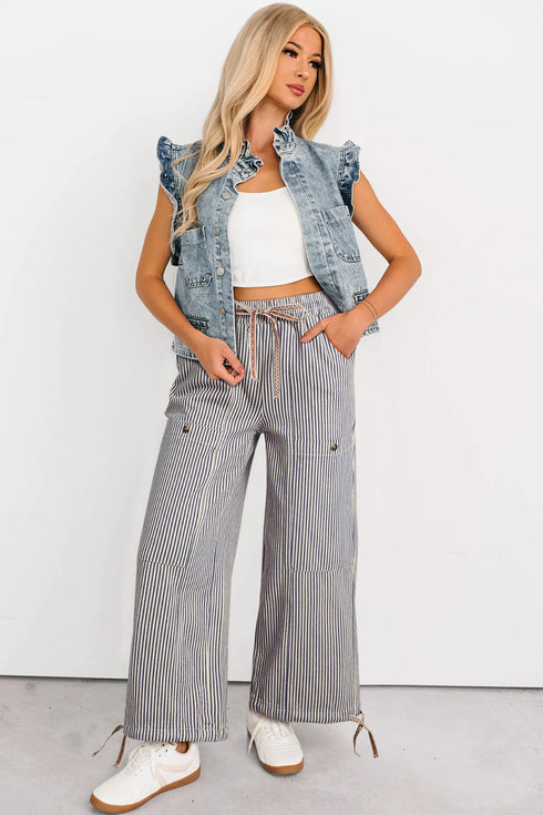 Striped Patch Pocket Drawstring Elastic Waist Loose Pants