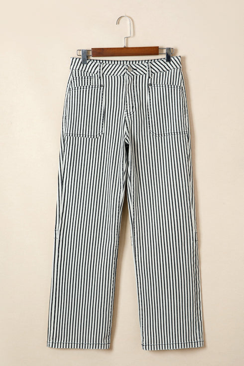 Striped Patch Pocket High Waist Wide Leg Jeans