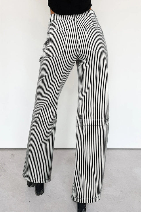 Striped Patch Pocket High Waist Wide Leg Jeans
