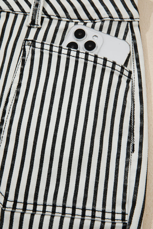Striped Patch Pocket High Waist Wide Leg Jeans