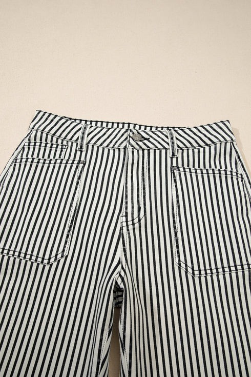 Striped Patch Pocket High Waist Wide Leg Jeans