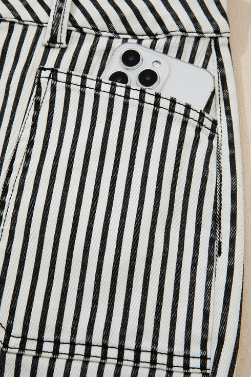Striped Patch Pocket High Waist Wide Leg Jeans