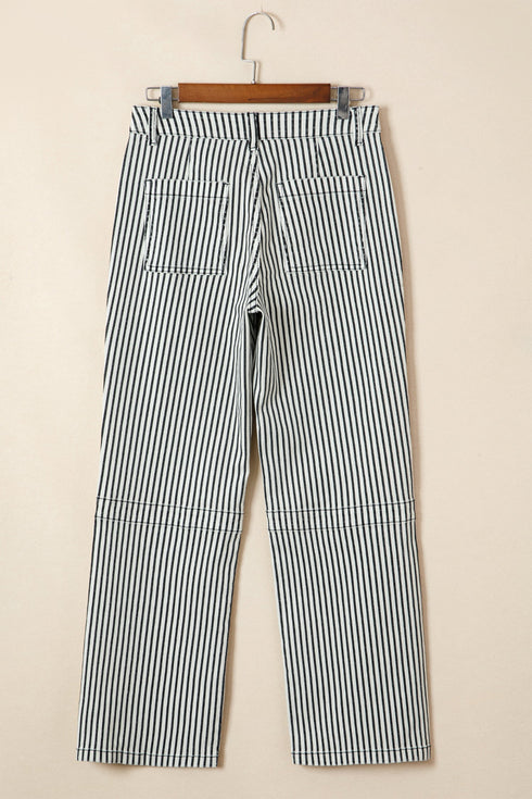 Striped Patch Pocket High Waist Wide Leg Jeans