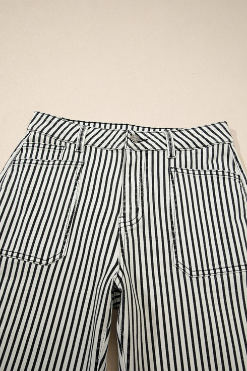 Striped Patch Pocket High Waist Wide Leg Jeans