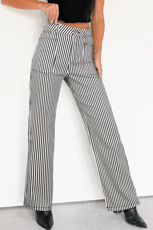Striped Patch Pocket High Waist Wide Leg Jeans