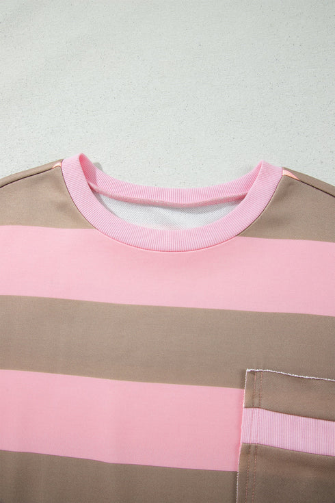 Striped Patch Pocket Split Hem Oversized Long Sleeve Sweatshirt